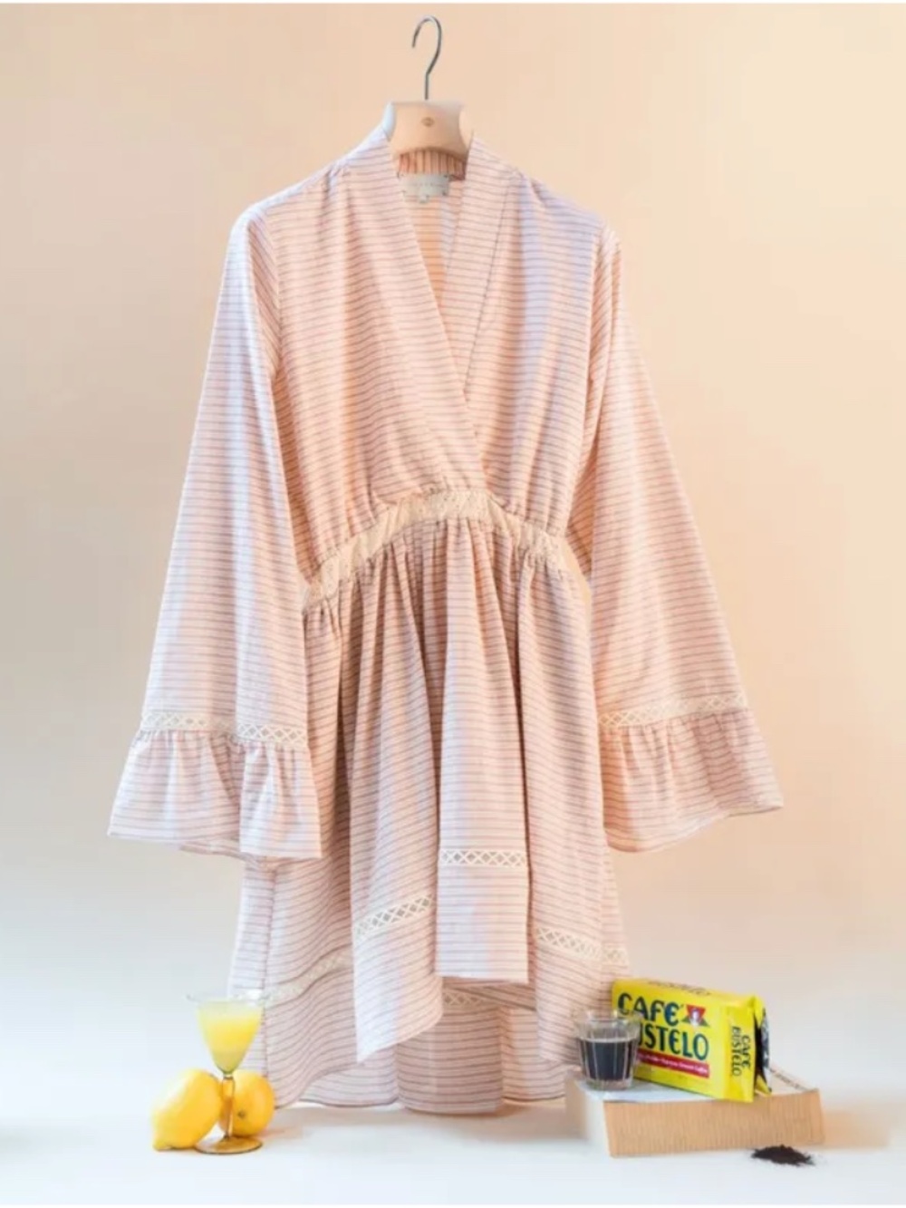 Arjé The Devon Short Cotton Stripe Flare Sleeve Lace Dress Romantic Bohemian